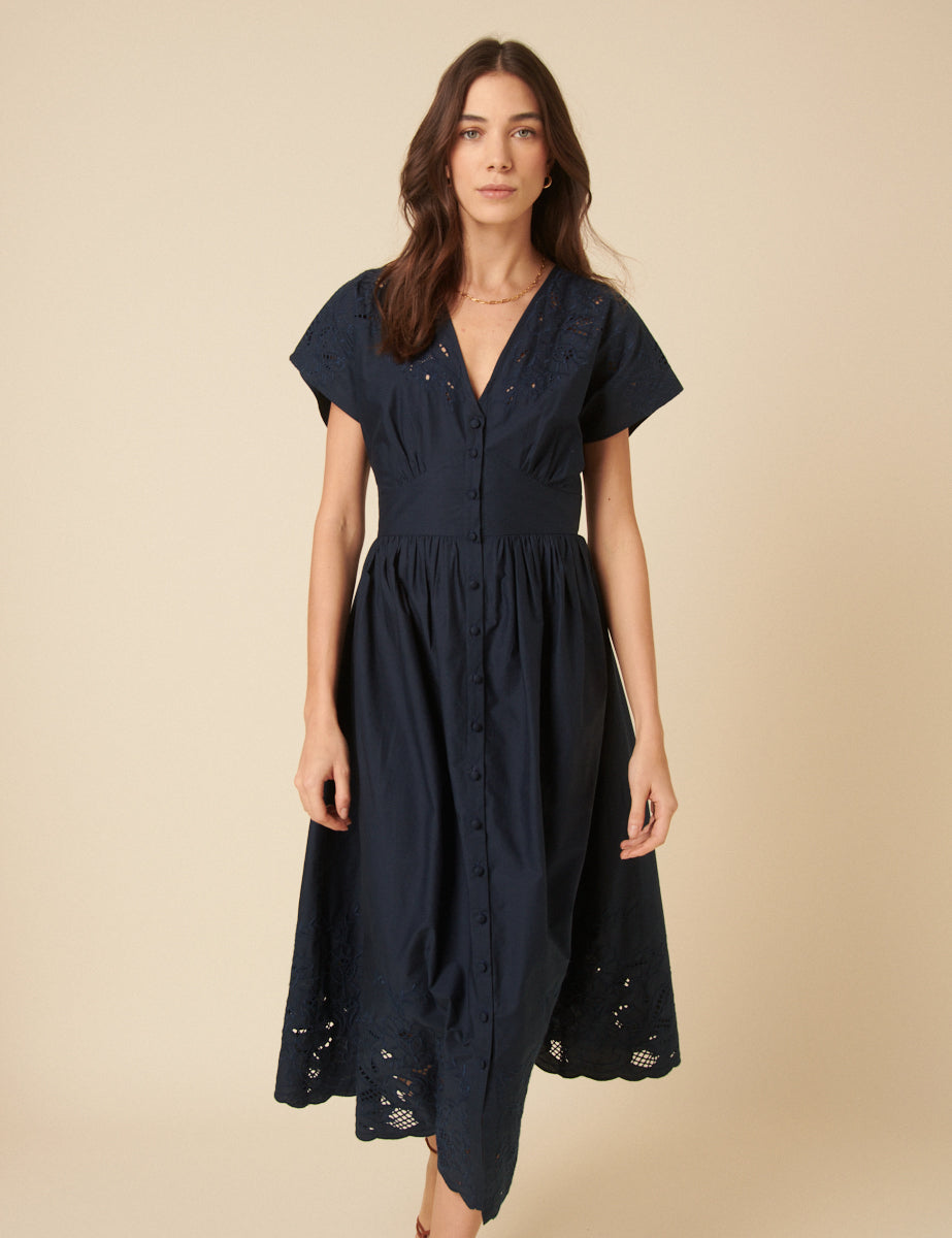 Secondary image of Navy Broderie Anglaise Levi Midi Dress